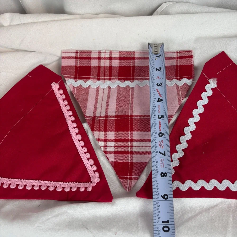 Handmade Dog Bandana Set of 3 Pink Plaid & Red Rickrack‎ Trim Sz M